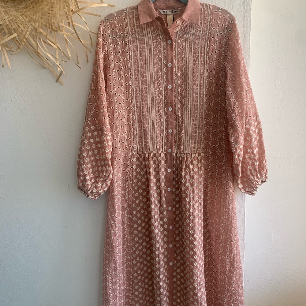 Zara embroidered pink & cream dress balloon sleeve shirt midi dress
